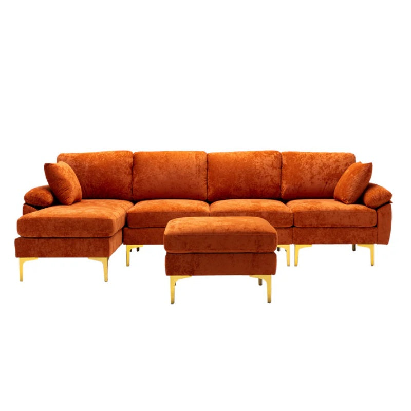 COOLMORE U-shape sectional sofa with Ottoman , Reversible Sofa Couch for Living Room,Spacious Furniture,Durable Couch Removable and machine washable cover (Orange Velvet)-海智集-Default-