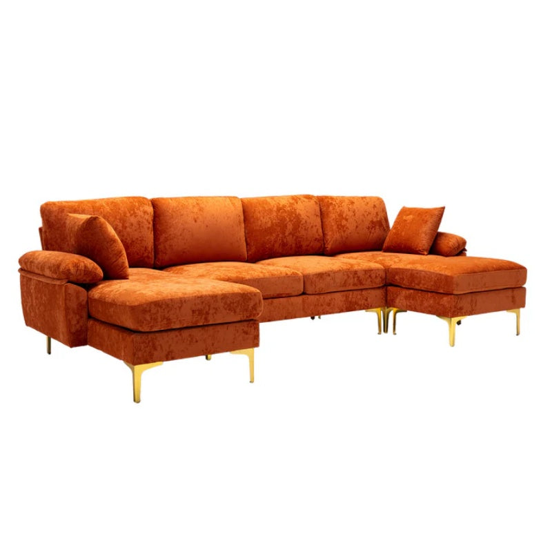 COOLMORE U-shape sectional sofa with Ottoman , Reversible Sofa Couch for Living Room,Spacious Furniture,Durable Couch Removable and machine washable cover (Orange Velvet)-海智集-Default-