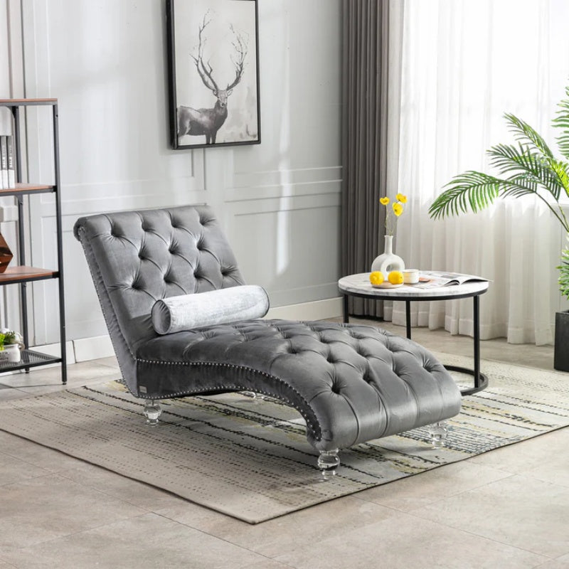 Velvet Chaise Lounge Indoor, Button-Tufted Upholstered Chaise Lounge Chair with Pillow, Silver Velvet, 63.98 Inches-海智集-Default-