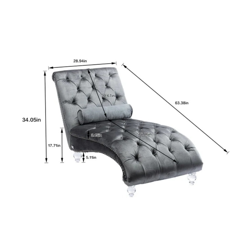 Velvet Chaise Lounge Indoor, Button-Tufted Upholstered Chaise Lounge Chair with Pillow, Silver Velvet, 63.98 Inches-海智集-Default-