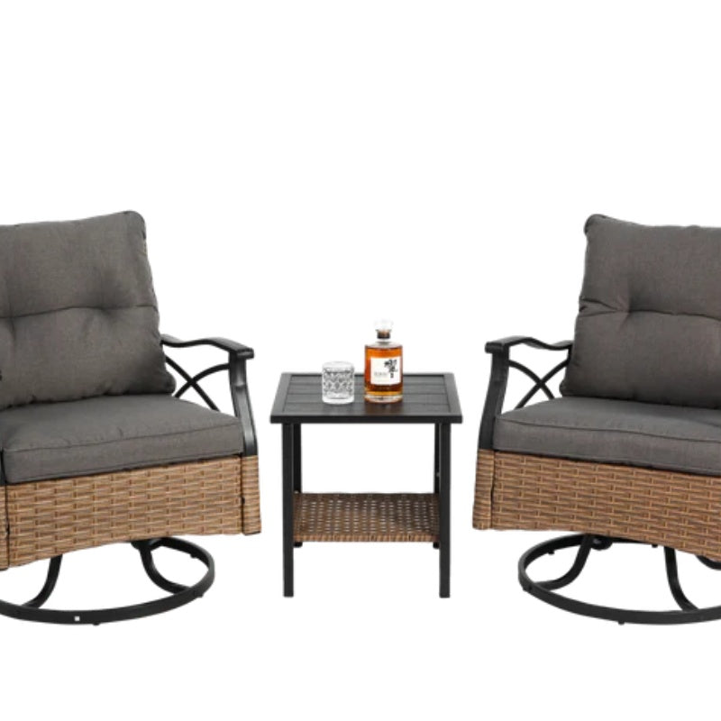 Outdoor Swivel Rocker Chairs Set 3 Piece with 1 Table and 2 Rocking & Swivel Chairs Support 350lbs Brown Wicker Outdoor Furniture Patio Conversation Set-海智集-Default-