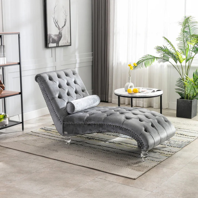 Velvet Chaise Lounge Indoor, Button-Tufted Upholstered Chaise Lounge Chair with Pillow, Silver Velvet, 63.98 Inches-海智集-Default-