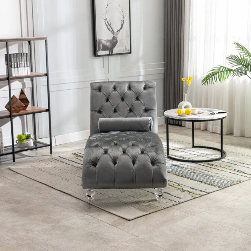 Velvet Chaise Lounge Indoor, Button-Tufted Upholstered Chaise Lounge Chair with Pillow, Silver Velvet, 63.98 Inches-海智集-Default-