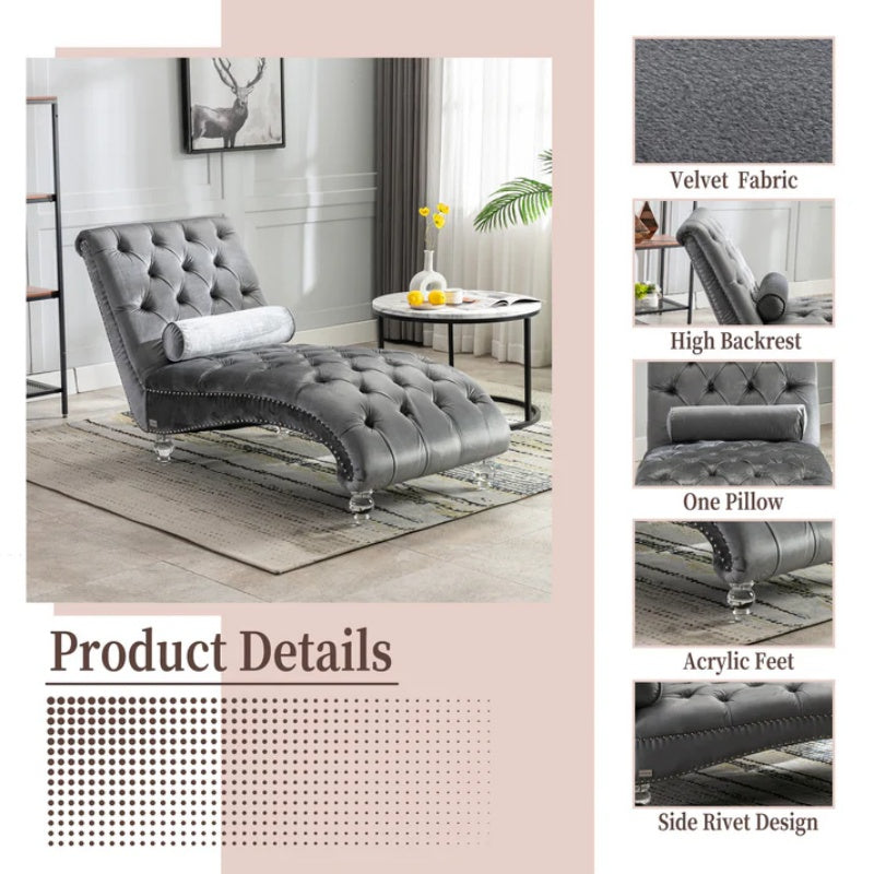 Velvet Chaise Lounge Indoor, Button-Tufted Upholstered Chaise Lounge Chair with Pillow, Silver Velvet, 63.98 Inches-海智集-Default-
