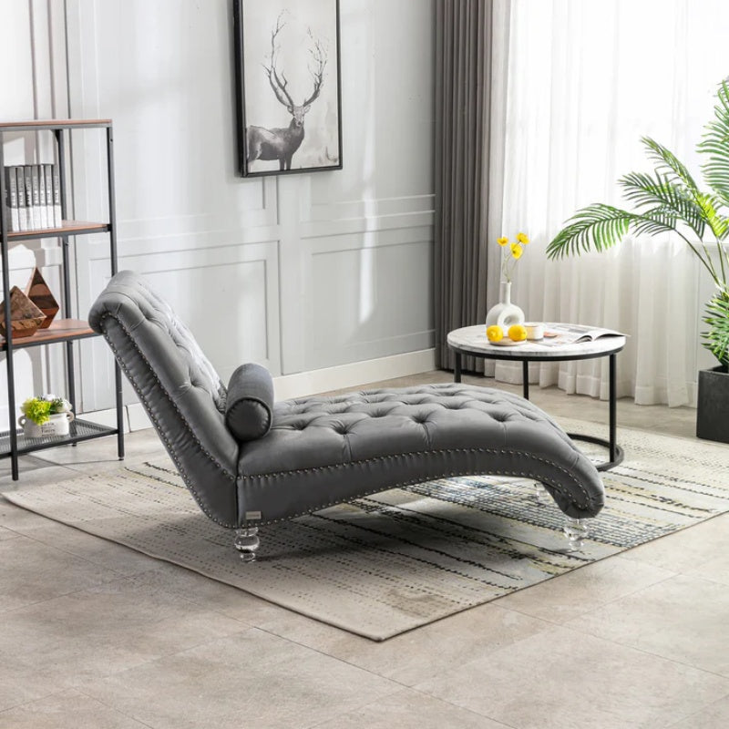 Velvet Chaise Lounge Indoor, Button-Tufted Upholstered Chaise Lounge Chair with Pillow, Silver Velvet, 63.98 Inches-海智集-Default-