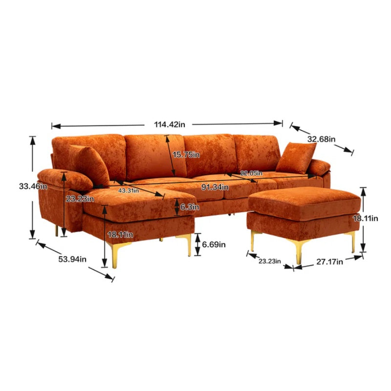 COOLMORE U-shape sectional sofa with Ottoman , Reversible Sofa Couch for Living Room,Spacious Furniture,Durable Couch Removable and machine washable cover (Orange Velvet)-海智集-Default-