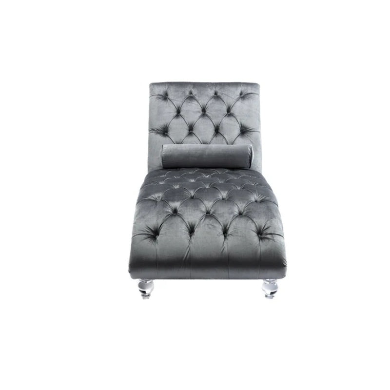 Velvet Chaise Lounge Indoor, Button-Tufted Upholstered Chaise Lounge Chair with Pillow, Silver Velvet, 63.98 Inches-海智集-Default-