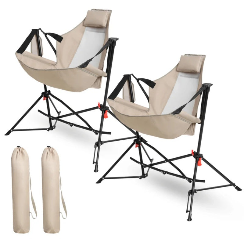 Hammock Camping Chair, Folding Portable Rocking Chair, Aluminum Alloy Adjustable Back Swinging Chair with Pillow Cup Holder, Recliner with Carry Bag for Outdoor Travel Lawn Backyard, Khaki (2pcs)-海智集-Default-