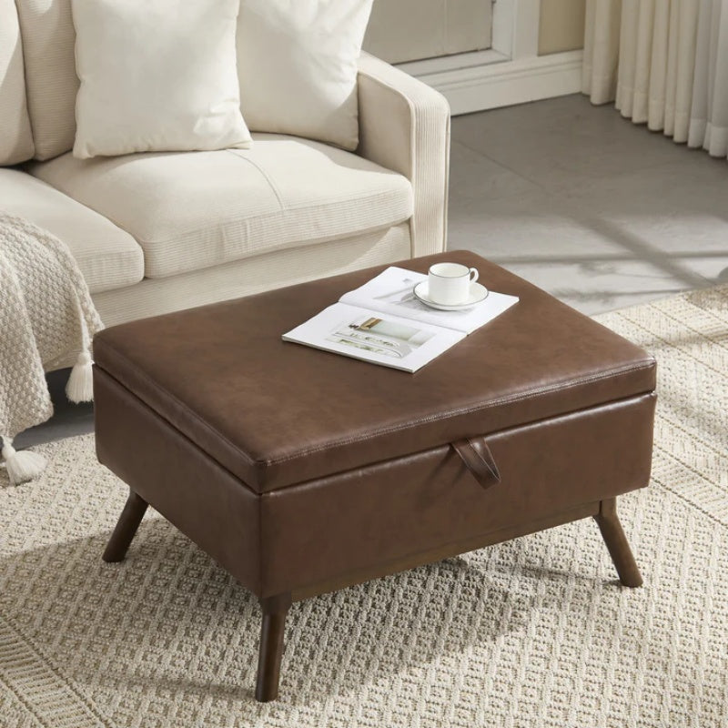 Mid-century modern square coffee table storage bench, assembled, suitable for living room, entryway and family room, used as a coffee table, stirrups, shoe bench-海智集-Default-
