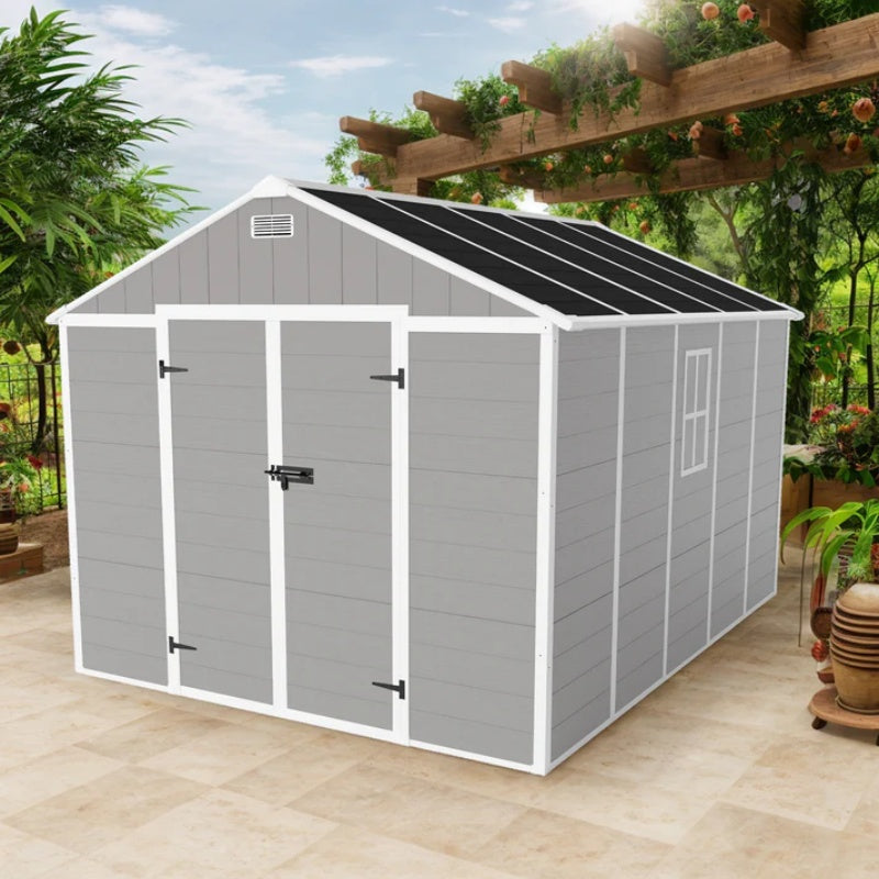 Campcraft 8*10ft resin storage shed, high quality pp material, strong structure, waterproof, rust and UV proof, large storage space, 12mm thick pp board, HD window lighting-海智集-Default-
