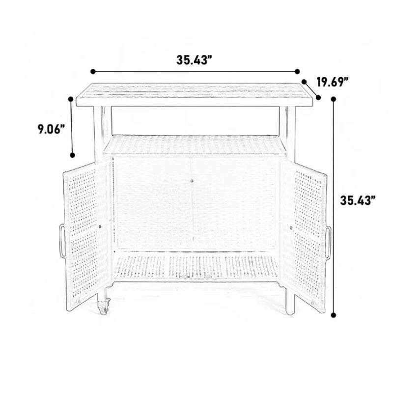 Outdoor Wicker Bar Cart, Patio Wine Serving Cart w/Wheels , Rolling Rattan Beverage Bar Counter Table w/Glass Top for Porch Backyard Garden Poolside Party, Light brown-海智集-Default-