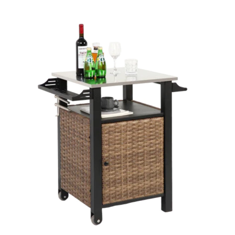 Single door bar cart,Outdoor Kitchen Wicker Island Rolling Cart & Storage Cabinet, Wheels and Stainless Steel Extended Table Top, Side Handle for Patio Kitchen or Bar Cart, Brown-海智集-Default-
