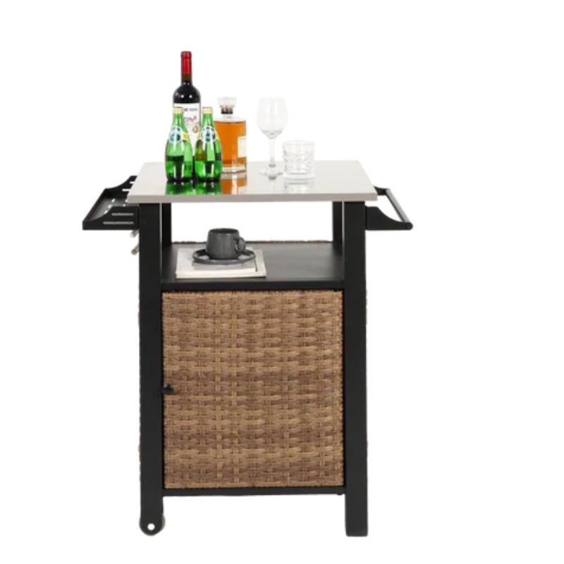 Single door bar cart,Outdoor Kitchen Wicker Island Rolling Cart & Storage Cabinet, Wheels and Stainless Steel Extended Table Top, Side Handle for Patio Kitchen or Bar Cart, Brown-海智集-Default-