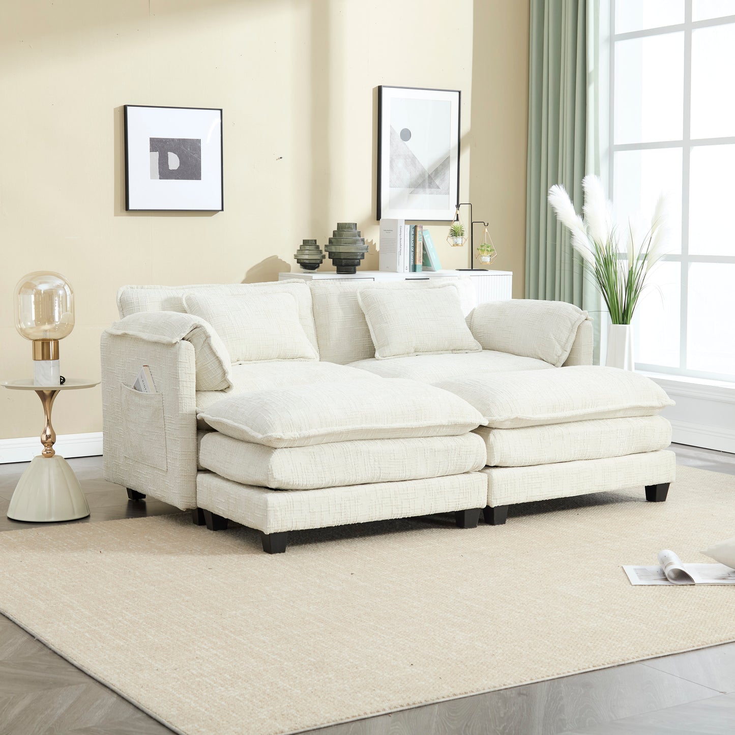 UNITED WE WIN Chenille fabric, solid construction, the overall structure of the sofa is stable, detachable armrests, two foot stools and two-seat sofa with side pockets-海智集-Default-