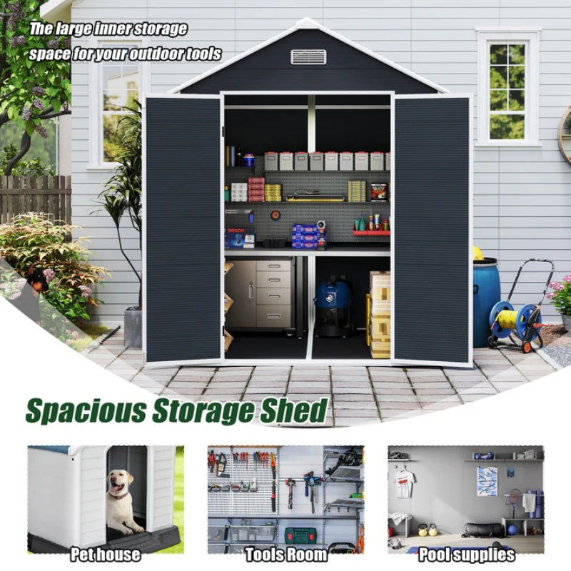 Campcraft 6*6ft resin storage shed, high quality pp material, strong structure, waterproof, rust and UV proof, large storage space, 12mm thick pp board, HD window lighting Dark gray-海智集-Default-