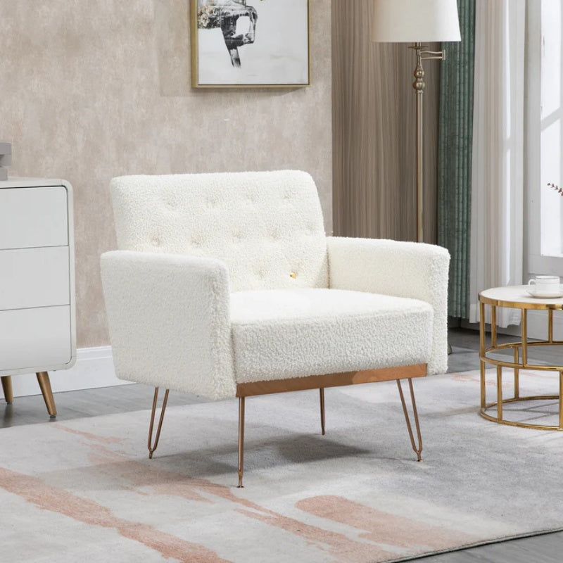 COOLMORE Armchair Single Sofa Modern Tufted Upholstered Side Reading Chairs with Arm and Gold Metal Leg for Living Room Bedroom (White teddy )-海智集-Default-