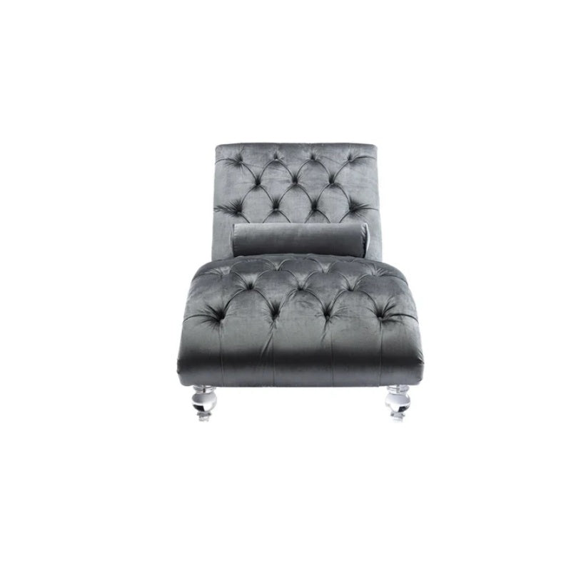 Velvet Chaise Lounge Indoor, Button-Tufted Upholstered Chaise Lounge Chair with Pillow, Silver Velvet, 63.98 Inches-海智集-Default-
