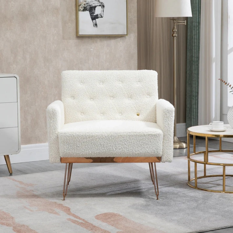 COOLMORE Armchair Single Sofa Modern Tufted Upholstered Side Reading Chairs with Arm and Gold Metal Leg for Living Room Bedroom (White teddy )-海智集-Default-
