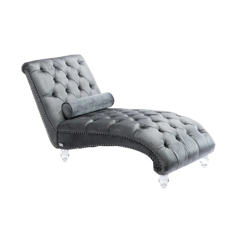 Velvet Chaise Lounge Indoor, Button-Tufted Upholstered Chaise Lounge Chair with Pillow, Silver Velvet, 63.98 Inches-海智集-Default-