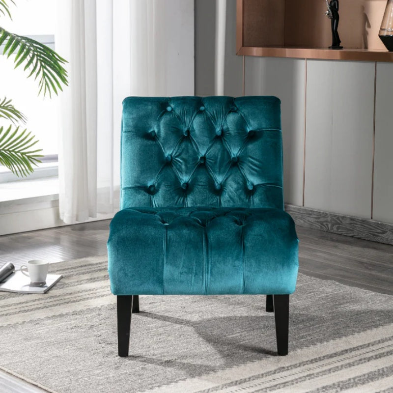 COOLMORE Modern Velvet Armless Accent Living Room Chair / Leisure Chair,Upholstered Fabric Button Comfortable Chair with Wooden Legs for Bedroom, Living Room, Office (Teal Velvet)-海智集-Default-