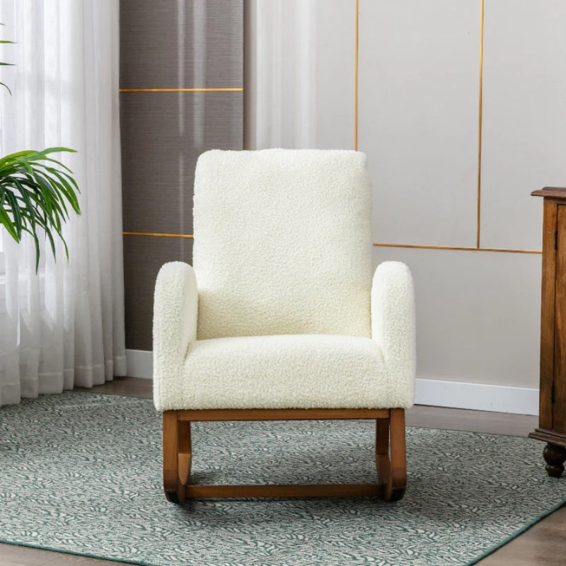 COOLMORE Rocking Chair, Modern Glider Chair, Recliner Armchair with Wood Legs and Side Pocket, Nursery Rocking Accent Chair with High Back for Living Room Bedroom (White Teddy)-海智集-Default-