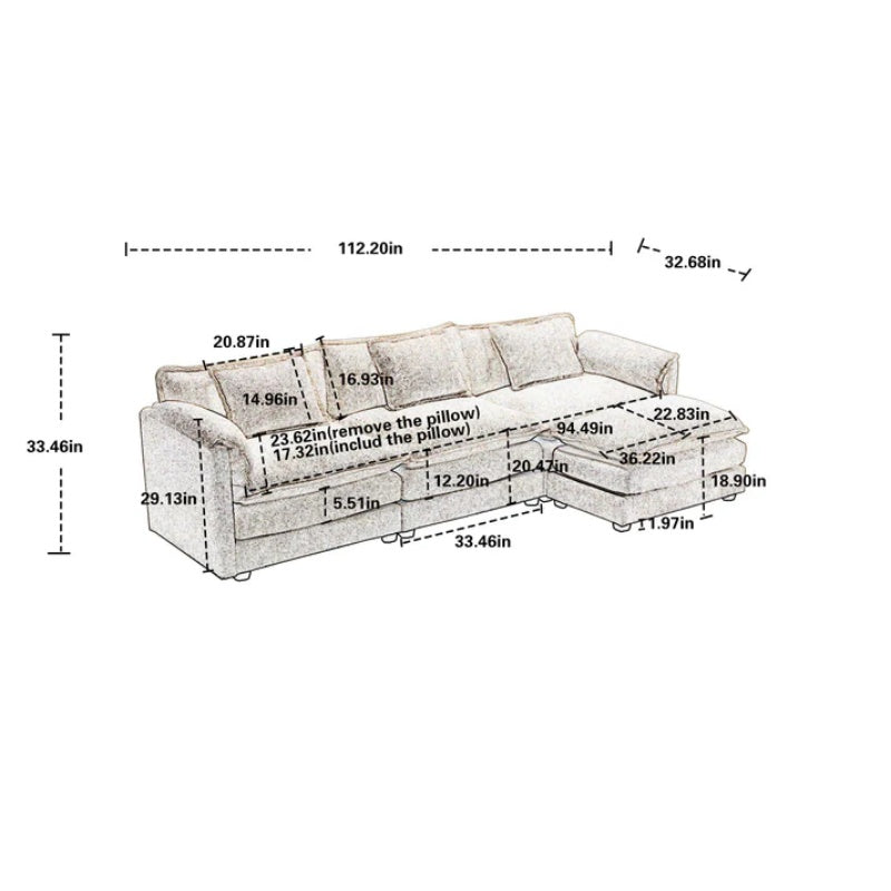 Modern Large boucle Fabric L-Shape Sectional Chenille fabric, movable pedals, detachable armrests, oversized three-seat Sofa-海智集-Default-