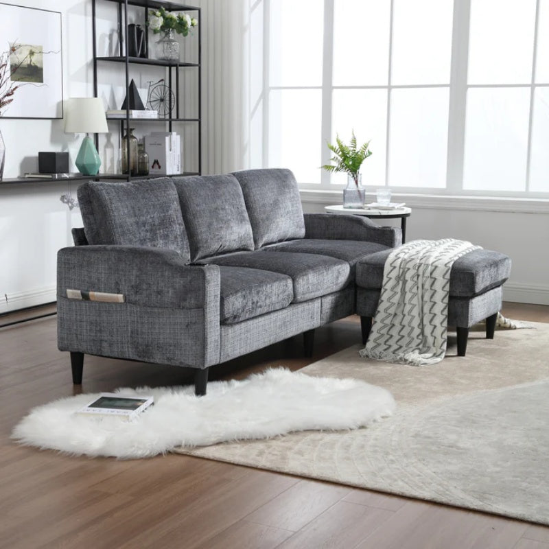UNITED WE WIN Sofa for three, solid wood frame, Chenille fabric, side pocket, with two cup holders, footstool with storagestorage sofa /Living room sofa cozy sectional sofa-海智集-Default-