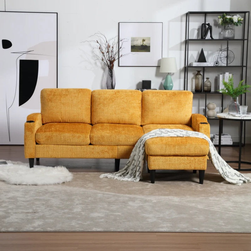 UNITED WE WIN Sofa for three, solid wood frame, Chenille fabric, side pocket, with two cup holders, footstool with storagestorage sofa /Living room sofa cozy sectional sofa-海智集-Default-