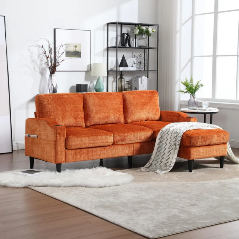UNITED WE WIN Sofa for three, solid wood frame, Chenille fabric, side pocket, with two cup holders, footstool with storagestorage sofa /Living room sofa cozy sectional sofa-海智集-Default-