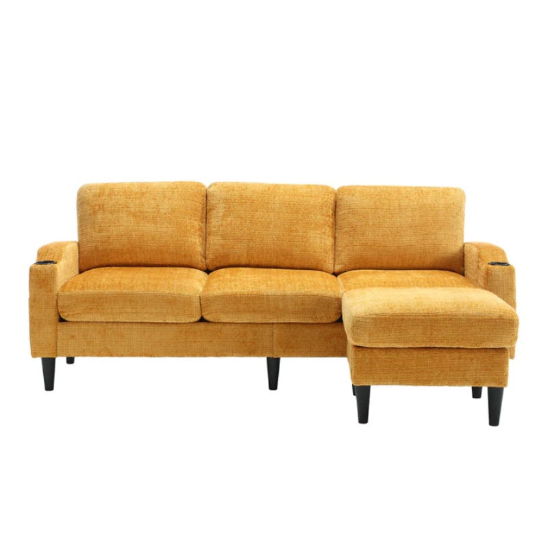 UNITED WE WIN Sofa for three, solid wood frame, Chenille fabric, side pocket, with two cup holders, footstool with storagestorage sofa /Living room sofa cozy sectional sofa-海智集-Default-
