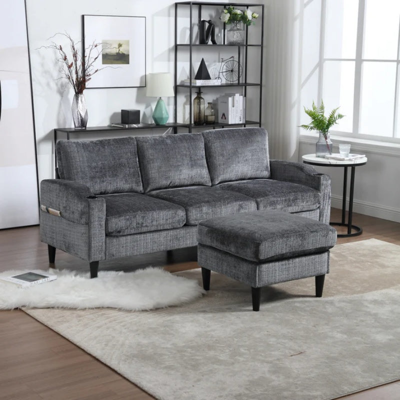 UNITED WE WIN Sofa for three, solid wood frame, Chenille fabric, side pocket, with two cup holders, footstool with storagestorage sofa /Living room sofa cozy sectional sofa-海智集-Default-
