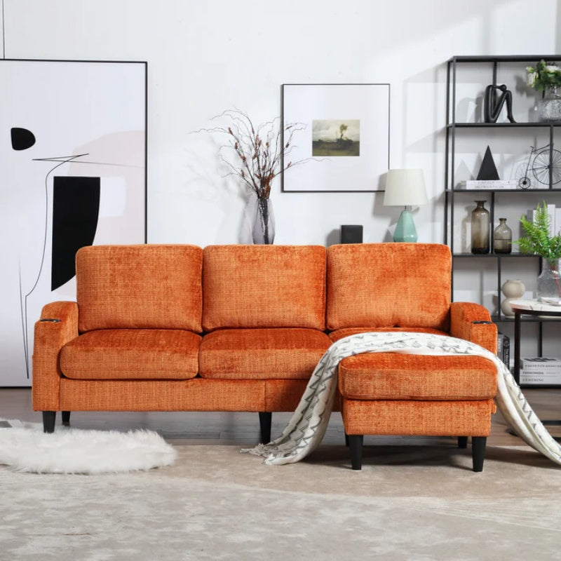 UNITED WE WIN Sofa for three, solid wood frame, Chenille fabric, side pocket, with two cup holders, footstool with storagestorage sofa /Living room sofa cozy sectional sofa-海智集-Default-