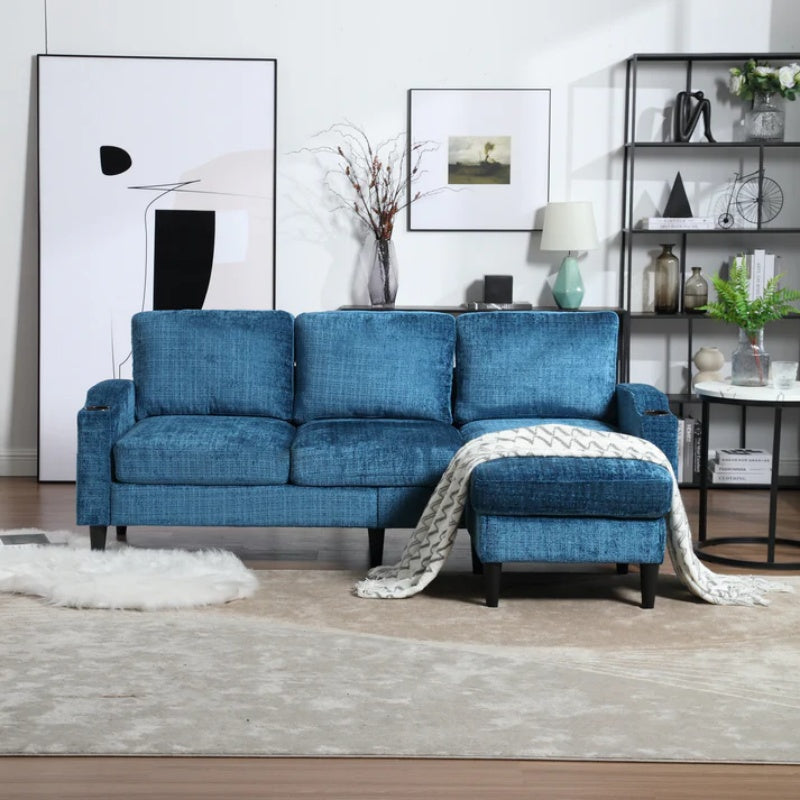 UNITED WE WIN Sofa for three, solid wood frame, Chenille fabric, side pocket, with two cup holders, footstool with storagestorage sofa /Living room sofa cozy sectional sofa-海智集-Default-