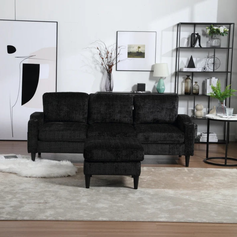 UNITED WE WIN Sofa for three, solid wood frame, Chenille fabric, side pocket, with two cup holders, footstool with storagestorage sofa /Living room sofa cozy sectional sofa-海智集-Default-