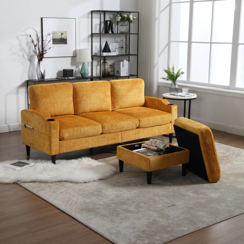 UNITED WE WIN Sofa for three, solid wood frame, Chenille fabric, side pocket, with two cup holders, footstool with storagestorage sofa /Living room sofa cozy sectional sofa-海智集-Default-