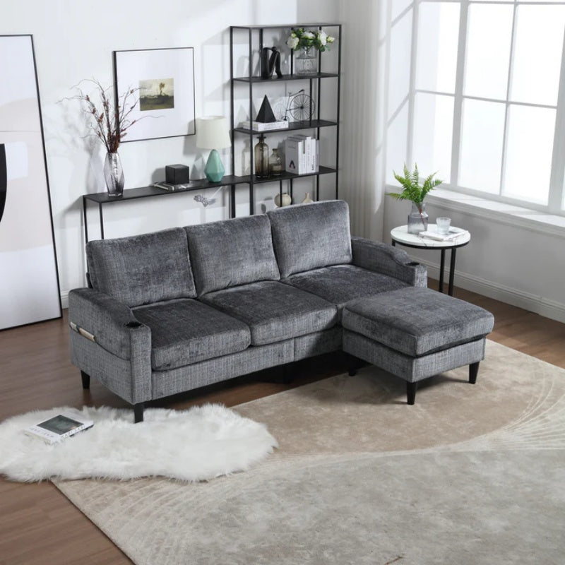 UNITED WE WIN Sofa for three, solid wood frame, Chenille fabric, side pocket, with two cup holders, footstool with storagestorage sofa /Living room sofa cozy sectional sofa-海智集-Default-