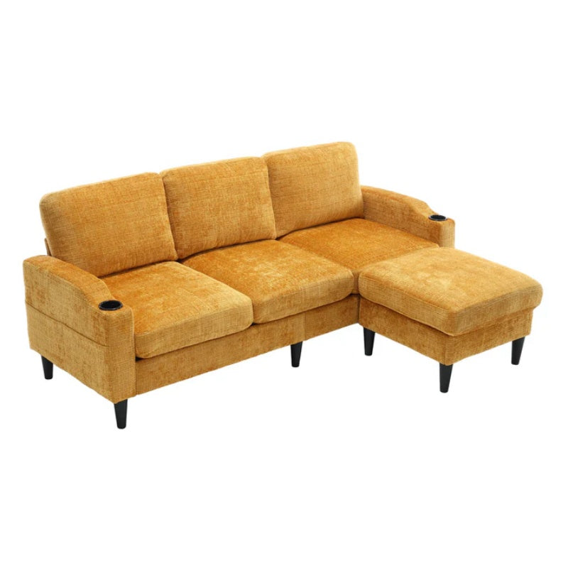 UNITED WE WIN Sofa for three, solid wood frame, Chenille fabric, side pocket, with two cup holders, footstool with storagestorage sofa /Living room sofa cozy sectional sofa-海智集-Default-