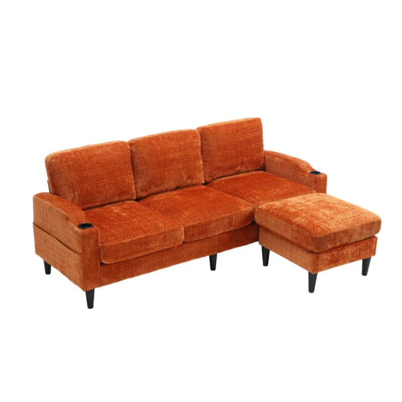 UNITED WE WIN Sofa for three, solid wood frame, Chenille fabric, side pocket, with two cup holders, footstool with storagestorage sofa /Living room sofa cozy sectional sofa-海智集-Default-