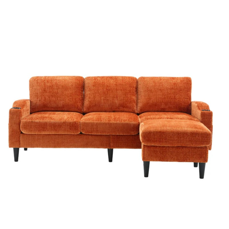 UNITED WE WIN Sofa for three, solid wood frame, Chenille fabric, side pocket, with two cup holders, footstool with storagestorage sofa /Living room sofa cozy sectional sofa-海智集-Default-