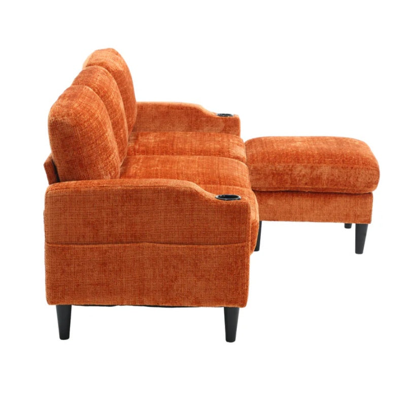 UNITED WE WIN Sofa for three, solid wood frame, Chenille fabric, side pocket, with two cup holders, footstool with storagestorage sofa /Living room sofa cozy sectional sofa-海智集-Default-