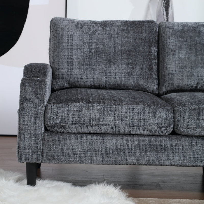 UNITED WE WIN Sofa for three, solid wood frame, Chenille fabric, side pocket, with two cup holders, footstool with storagestorage sofa /Living room sofa cozy sectional sofa-海智集-Default-