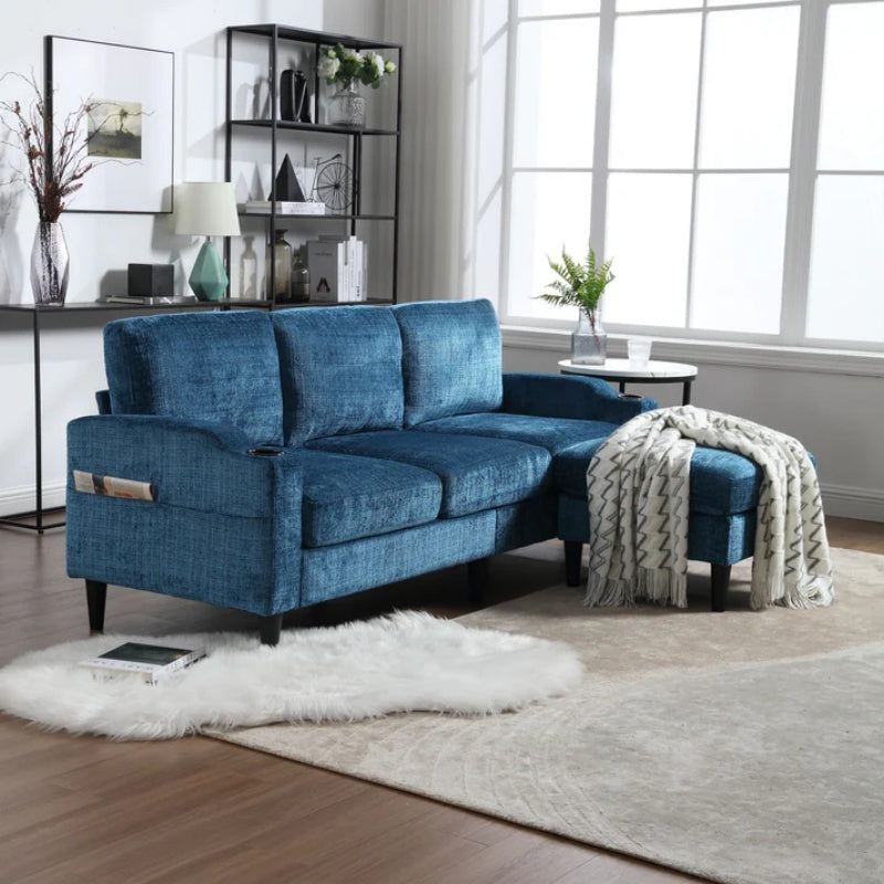 UNITED WE WIN Sofa for three, solid wood frame, Chenille fabric, side pocket, with two cup holders, footstool with storagestorage sofa /Living room sofa cozy sectional sofa-海智集-Default-