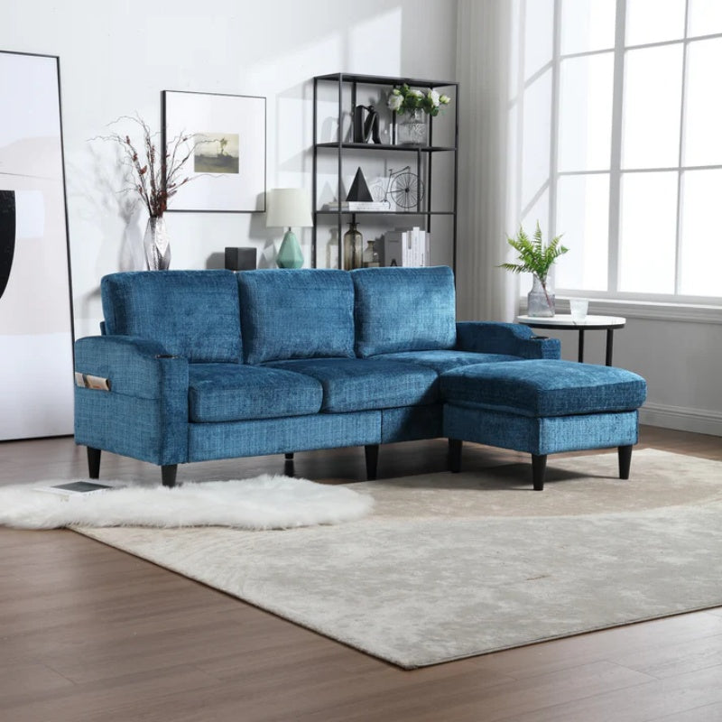 UNITED WE WIN Sofa for three, solid wood frame, Chenille fabric, side pocket, with two cup holders, footstool with storagestorage sofa /Living room sofa cozy sectional sofa-海智集-Default-