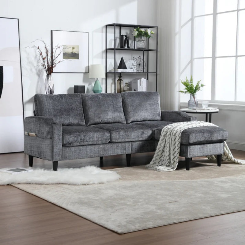 UNITED WE WIN Sofa for three, solid wood frame, Chenille fabric, side pocket, with two cup holders, footstool with storagestorage sofa /Living room sofa cozy sectional sofa-海智集-Default-