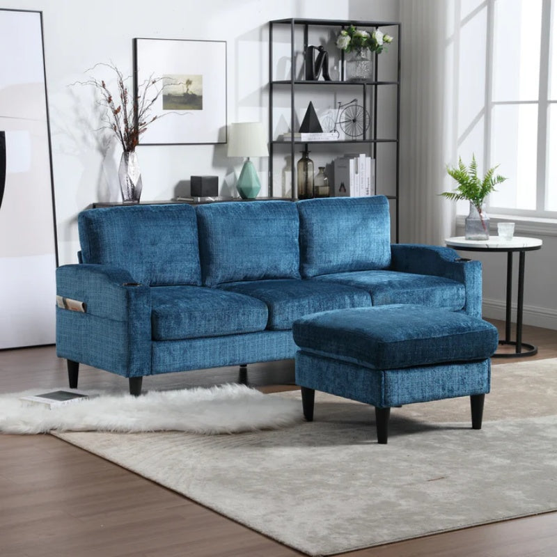 UNITED WE WIN Sofa for three, solid wood frame, Chenille fabric, side pocket, with two cup holders, footstool with storagestorage sofa /Living room sofa cozy sectional sofa-海智集-Default-