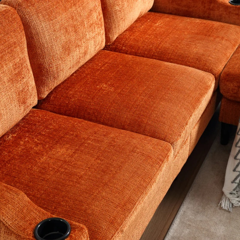 UNITED WE WIN Sofa for three, solid wood frame, Chenille fabric, side pocket, with two cup holders, footstool with storagestorage sofa /Living room sofa cozy sectional sofa-海智集-Default-