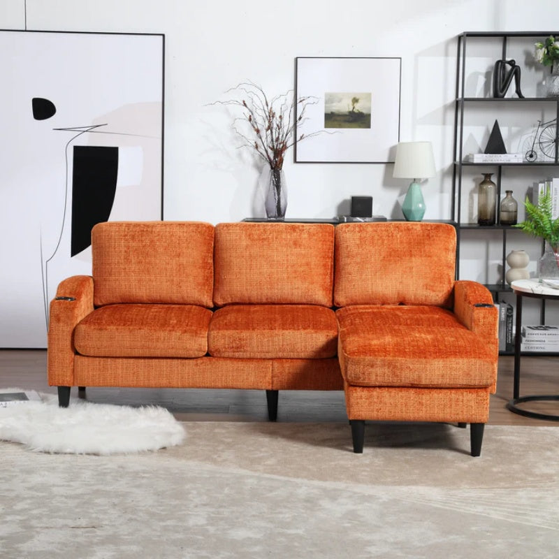 UNITED WE WIN Sofa for three, solid wood frame, Chenille fabric, side pocket, with two cup holders, footstool with storagestorage sofa /Living room sofa cozy sectional sofa-海智集-Default-