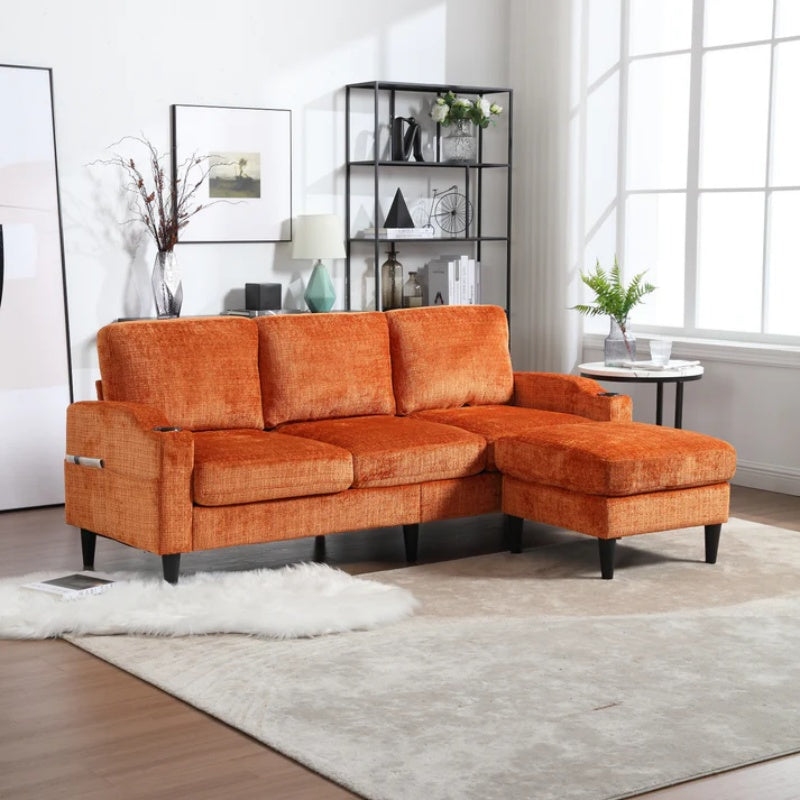 UNITED WE WIN Sofa for three, solid wood frame, Chenille fabric, side pocket, with two cup holders, footstool with storagestorage sofa /Living room sofa cozy sectional sofa-海智集-Default-