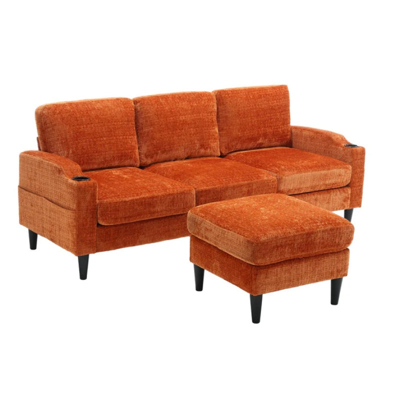 UNITED WE WIN Sofa for three, solid wood frame, Chenille fabric, side pocket, with two cup holders, footstool with storagestorage sofa /Living room sofa cozy sectional sofa-海智集-Default-