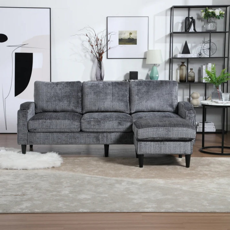 UNITED WE WIN Sofa for three, solid wood frame, Chenille fabric, side pocket, with two cup holders, footstool with storagestorage sofa /Living room sofa cozy sectional sofa-海智集-Default-